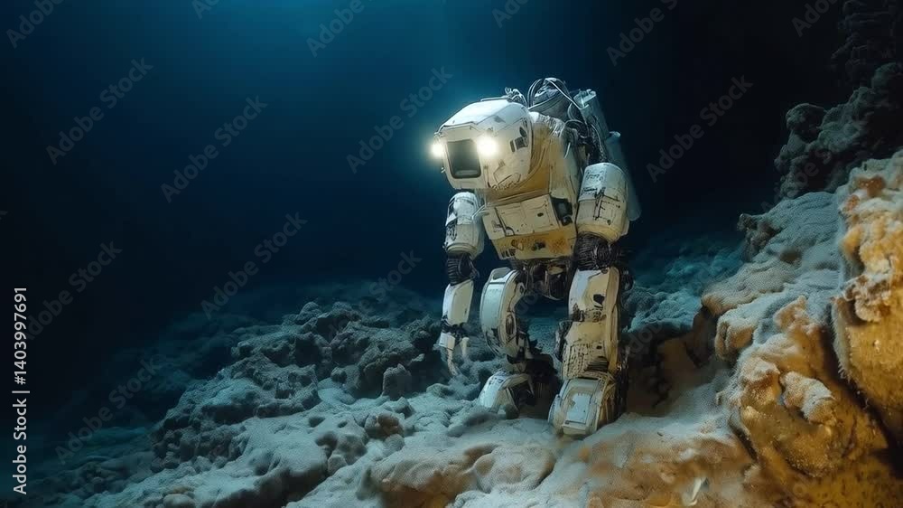 Poster a robotic diver explores the ocean floor, navigating rocky terrain while conducting research. this e