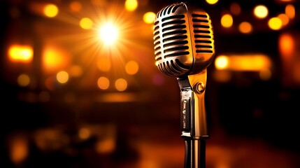 Vintage mic on stage with bokeh background