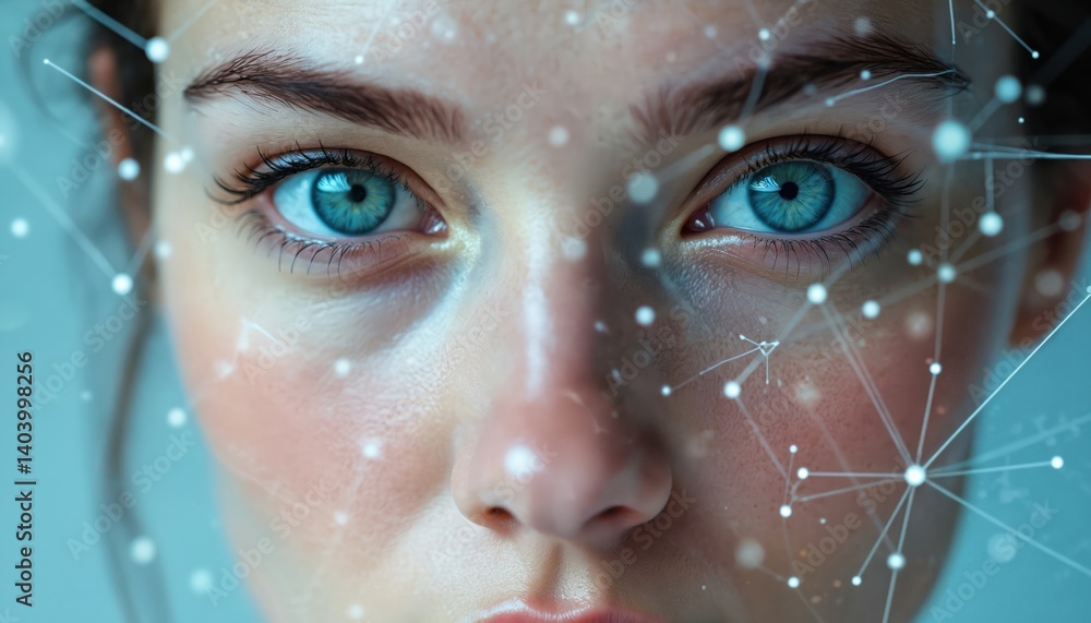 Aufkleber woman face with data visualization grid. concept of ai, facial recognition, tech. digital network co