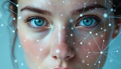 Woman face with data visualization grid. Concept of AI, facial recognition, tech. Digital network connects dots. Future technology innovation, cyber security, biometric scan. Deepfake tech, content
