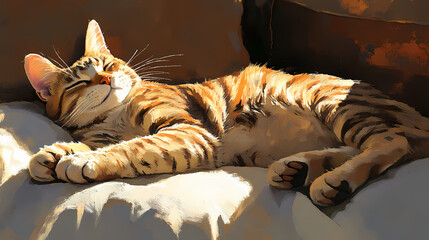 Striped cat relaxes in warm sunlight on a soft surface during a peaceful afternoon nap. Chiaroscuro Tapestry. Illustration