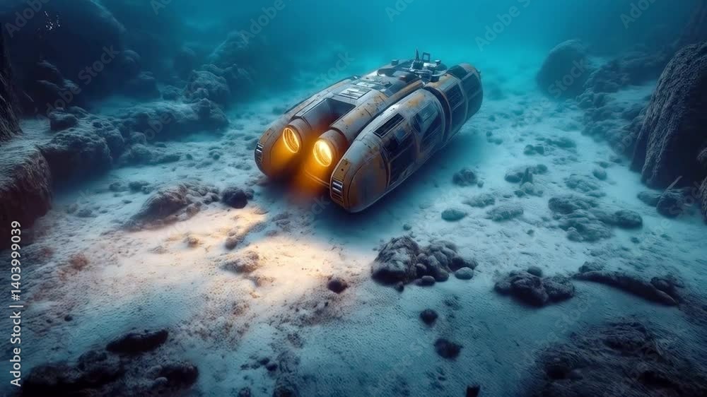 Poster an advanced robotic submersible descends into the depths of the ocean, navigating coral formations. 