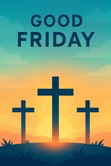 Good friday banner illustration with three crosses at sunset.