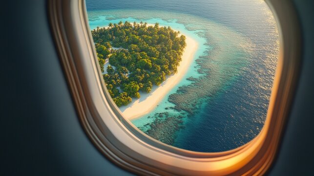 Fototapeta Tropical island paradise seen from airplane window. Lush green island with white sand beach, turquoise water, and coral reefs. Sunrise or sunset view