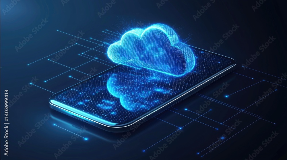 Poster glowing cloud icon emerges from a digital smartphone surface, representing mobile cloud storage, dat