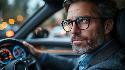 Confident Mature Man Driving Luxury Car Night Cityscape Stylish Glasses Elegant Beard Professional Driver Modern Vehicle Night    