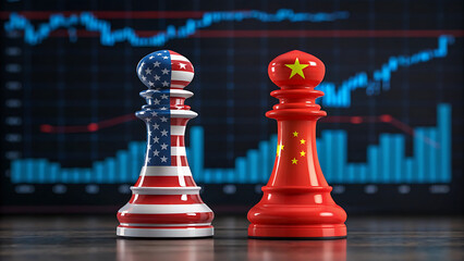 US and China chess pieces strategy global trade economic competition market analysis