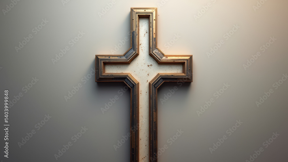 Poster a three-dimensional cross with metallic textures set against a simple background, conveying a sense 