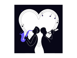 A couple playing saxophones in love with music. music day vector silhouette design,A captivating illustration of a woman and a man playing saxophones, set against a heart-shaped backdrop of musical no