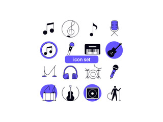 Colorful music icons set for diverse uses. A collection of 16 simple, flat-style icons representing various musical instruments, accessories, and concepts.