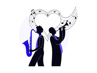 A couple playing saxophones in love with music. music day vector silhouette design,A captivating illustration of a woman and a man playing saxophones, set against a heart-shaped backdrop of musical no