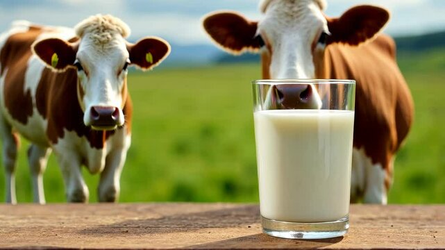A clear glass of fresh milk sits on a wooden table, with two brown and white cows in the background, in a rural green pasture setting