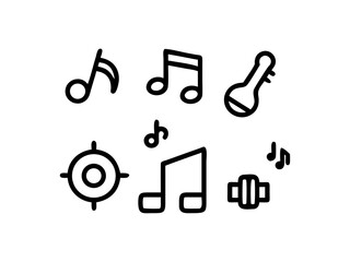 Simple Black Line Art Music Icons. music day,  Vcetor features a collection of simple, black line art icons representing musical notes, instruments (e.g., a guitar-like instrument), and a target symbo