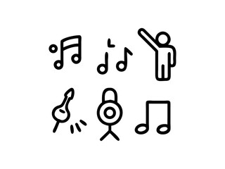 Simple Black Line Art Music Icons. music day,  Vcetor features a collection of simple, black line art icons representing musical notes, instruments (e.g., a guitar-like instrument), and a target symbo