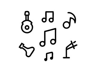 Simple Line Art Music Icons and Instrument, Music day, This graphic features a collection of black line art icons representing musical notes and a guitar.