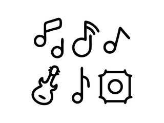 Simple Line Art Music Icons and Instrument, Music day, This graphic features a collection of black line art icons representing musical notes and a guitar.