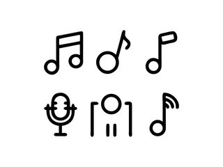 Simple Line Art Music Icons and Instrument, Music day, This graphic features a collection of black line art icons representing musical notes and a guitar.