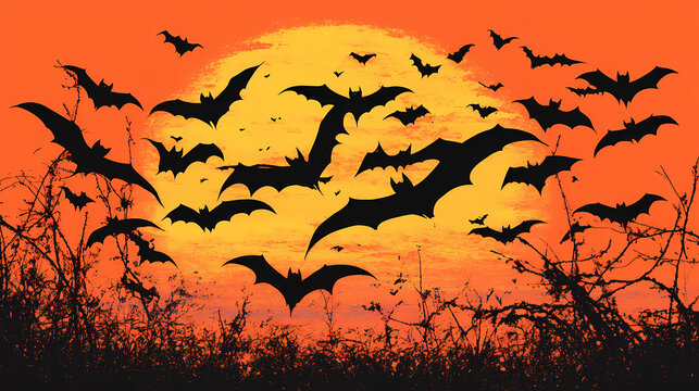 Swarm of bats silhouetted against an orange sunset. Chiaroscuro Tapestry. Illustration