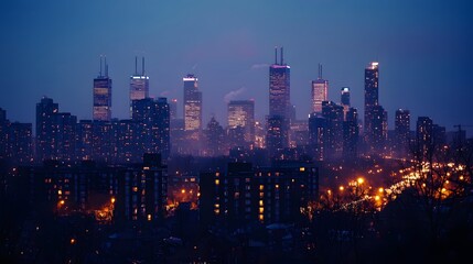 Naklejka premium Urban skyline at sunset with glowing orange lights