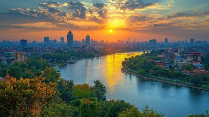Sunset Panorama over Phnom Penh's Riverfront