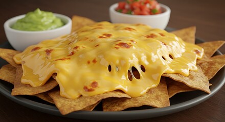 A plate of crispy nachos covered in melted cheese, served with a side of guacamole and salsa for dipping