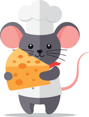 Obraz premium Cute cartoon mouse chef holding a large piece of cheese in flat vector art