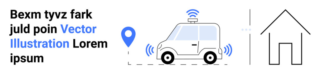 Autonomous car emitting wireless signals, GPS location pin, and minimalist house outline. Ideal for mobility, smart technology, navigation, IoT, delivery, urban planning and a simple landing page