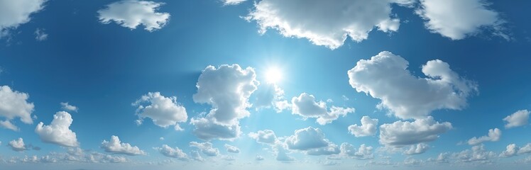 Blue sky panorama with white fluffy clouds. Seamless 360 degrees projection sky dome for 3d graphics game development. Use for sky replacement drone shot editing. Beautiful sunny day, weather concept.
