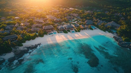Tropical paradise resort with stunning beach at sunrise