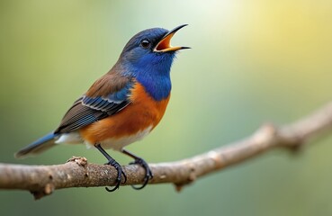 Fototapeta premium Bluethroat bird sings on tree branch. Male Luscinia svecica, showcases vibrant blue, orange, brown feathers. Ornithology, wildlife, nature photo. Springtime colors, scenic environment.