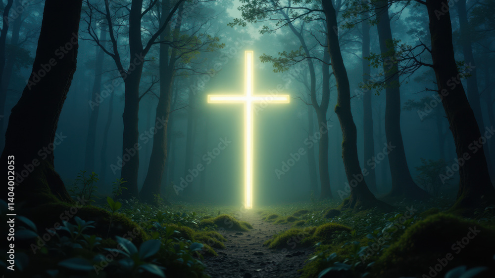 Poster a tranquil night-time forest scene with a glowing cross as a source of light at the end of a path.