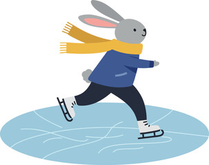 Obraz premium Happy rabbit skating on ice in blue outfit and yellow scarf, flat vector art