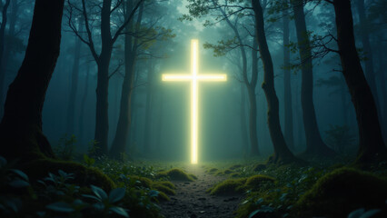 Obraz premium A tranquil night-time forest scene with a glowing cross as a source of light at the end of a path.