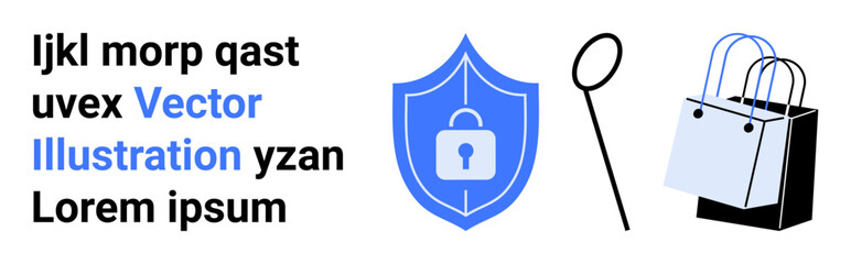 Lock icon on a shield for security, magnifying glass for searching, and shopping bags for purchases. Ideal for e-commerce, online shopping, cybersecurity, retail, search tools, data protection flat