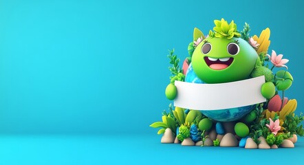 A cartoon illustration of Earth with trees and flowers, holding a white banner on a blue background. A happy Earth character is surrounded by nature elements, with a blank sign available for text