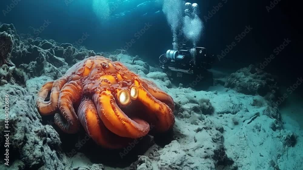Poster A robotic submersible conducts research in deep ocean waters while observing a large octopus. The expedition reveals underwater life and highlights the wonders of ocean exploration.