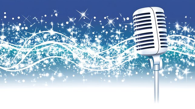 Vintage microphone on starry blue background. Possible use stock photo for music, vintage, or entertainment