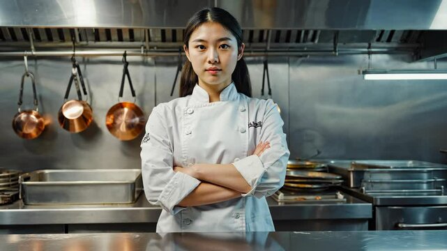 Confident female chef standing in professional kitchen with arms crossed and stainless steel background, kitchenware hanging, culinary expertise