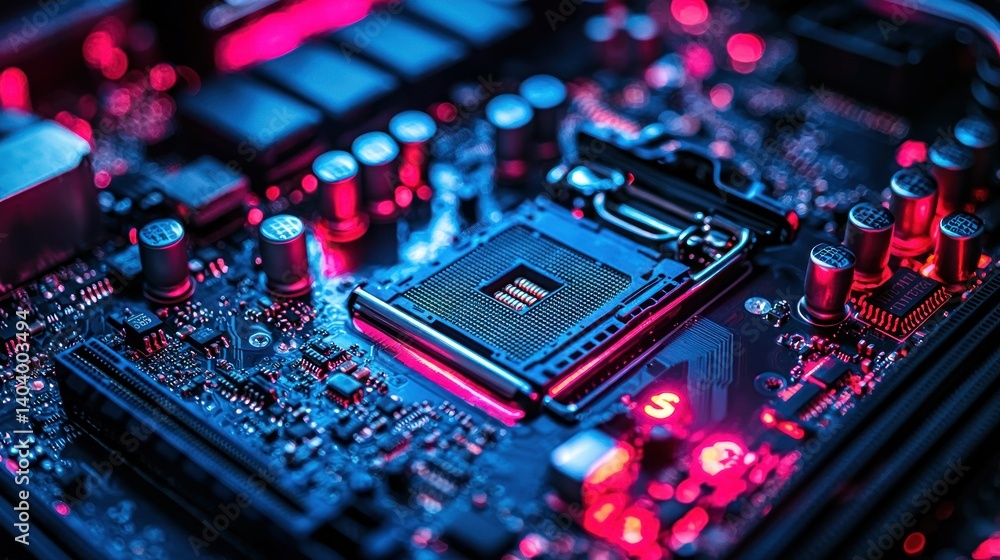 Poster close-up of a computer motherboard with cpu socket and components in neon pink and blue lighting
