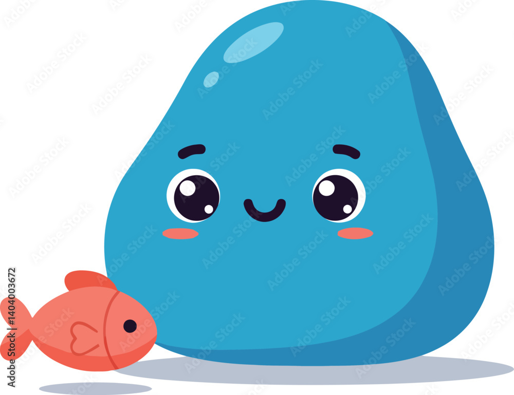 Poster cute blue blob character with smiling face and a small red fish in a playful, minimal vector illustr