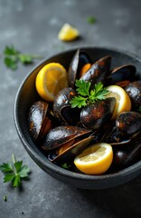 Fresh mussels in black bowl with lemon slices, parsley. Seafood dish on dark concrete background. Healthy organic gourmet meal with fresh mussels, lemon, herbs. Culinary concept, restaurant menu.