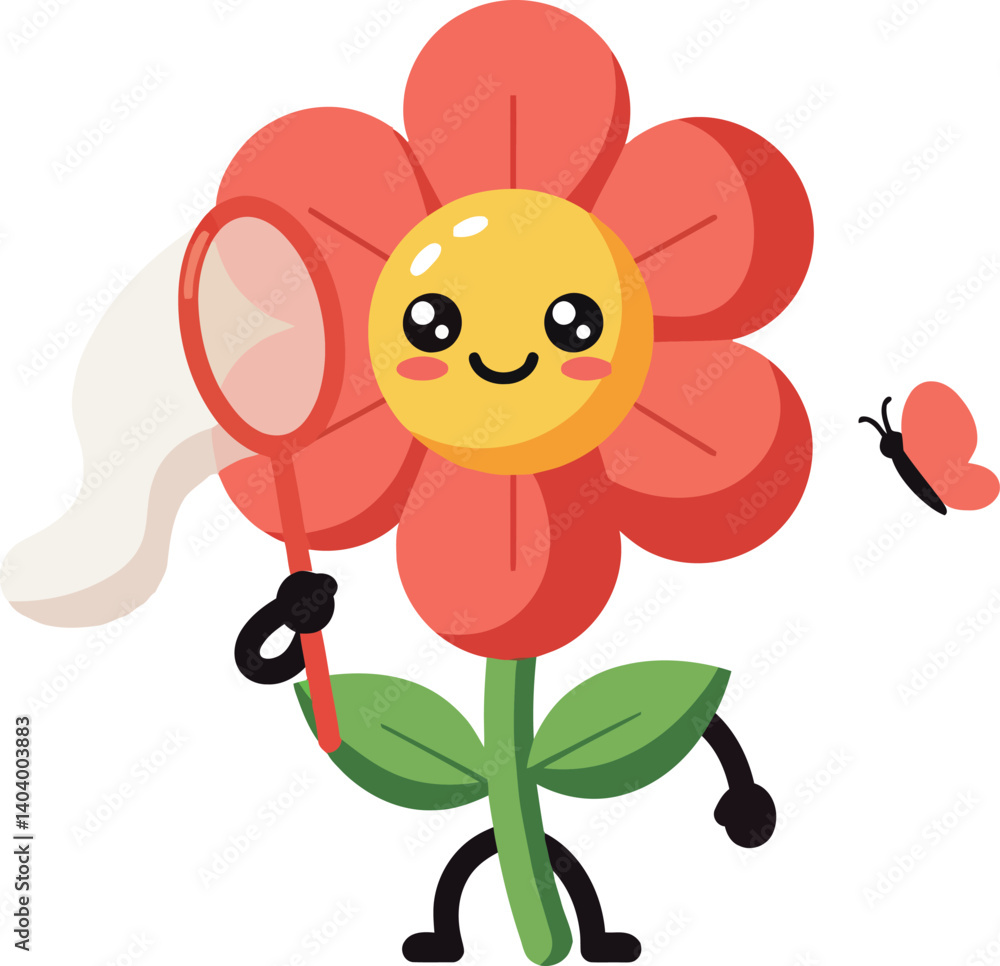 Poster cheerful flower character with a butterfly net capturing a butterfly in a playful flat vector illust