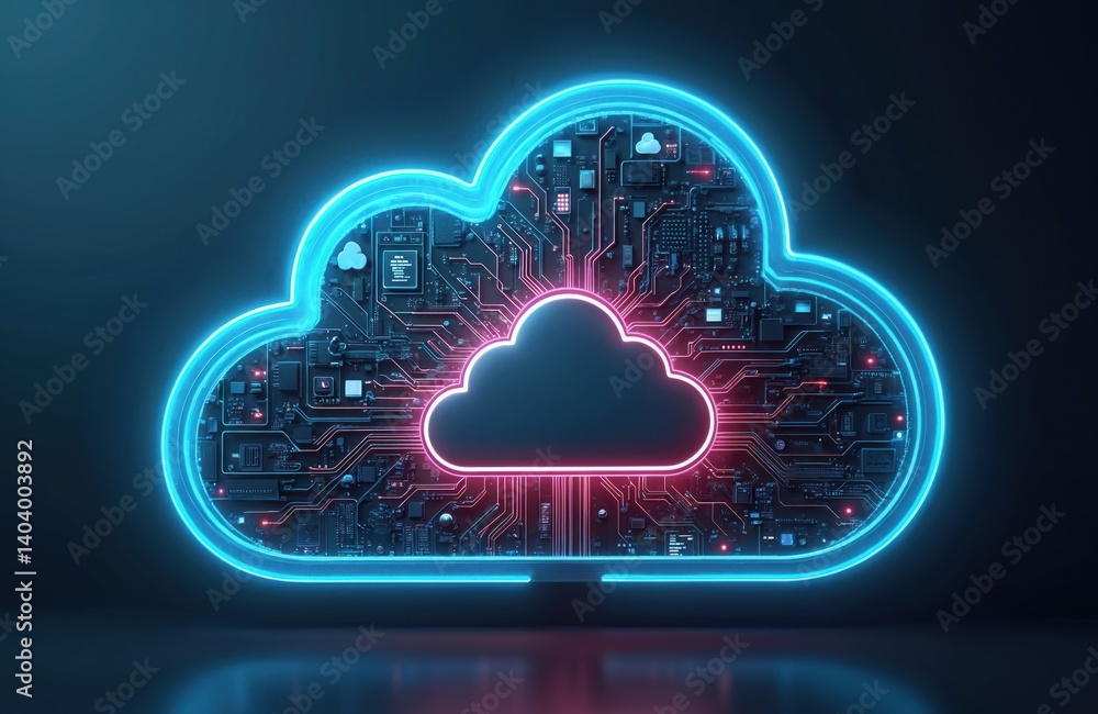 Poster ai-generated illustration cloud computing technology concept. digital cloud silhouette neon outlined