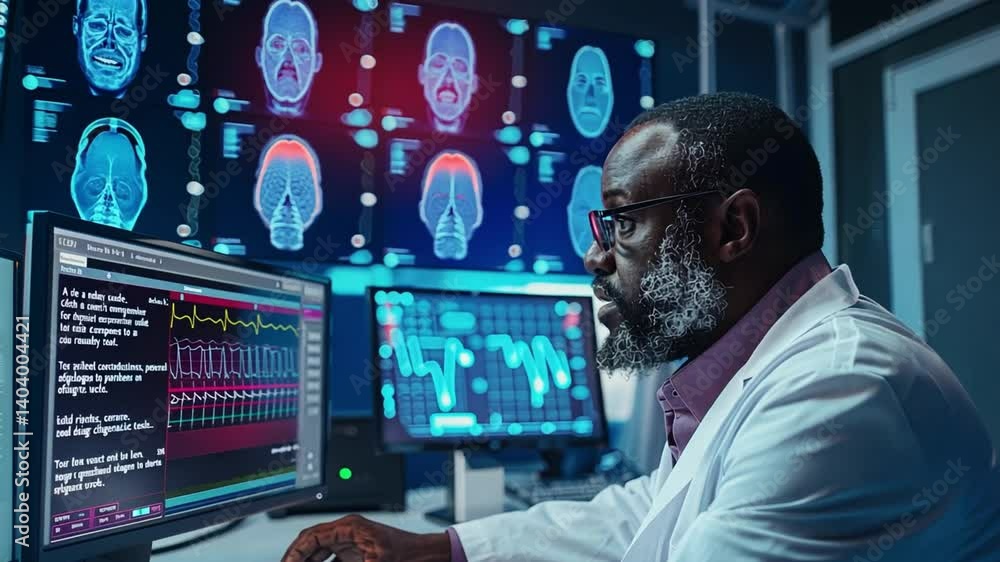 Leinwandbilder a healthcare specialist is focused on analyzing brain, scans and vital signs displayed on multiple m