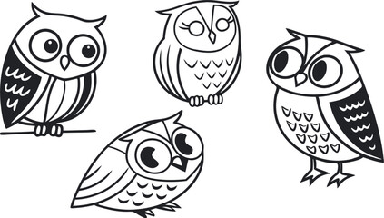 Black and White Owl Vector Set – Hand Drawn Stylized Owl Clipart Collection.eps