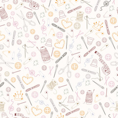 Seamless vector pattern with doodle elements. Knitting and sewing tools and accessories. Hobby and leisure background