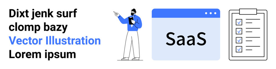 Male presenter pointing at SaaS on browser mockup with checklist beside. Ideal for business concept, teaching tools, SaaS products, startup ideas, task management, online services, simple landing