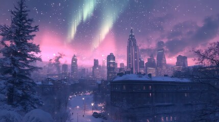 Obraz premium Snowy city skyline at night with aurora borealis.