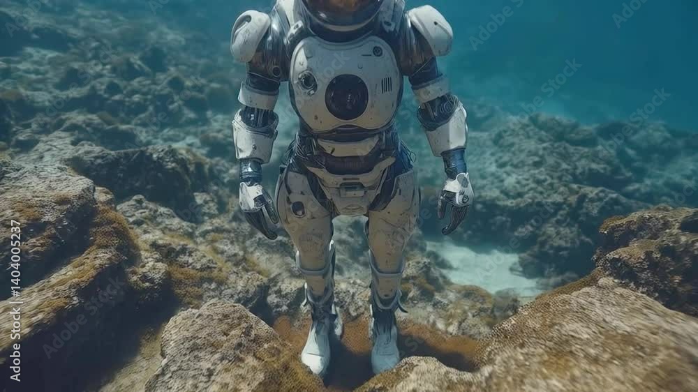 Poster an astronaut explores underwater landscapes while conducting important research in the ocean depths.