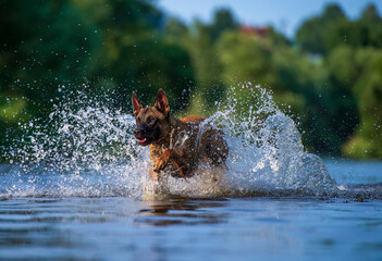 Belgian Malinois Running Through Water Creating Big Splash in Nature
